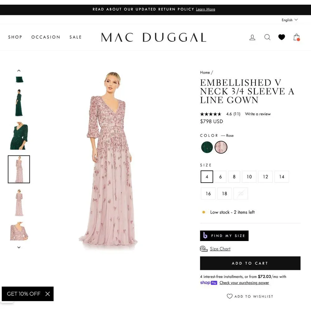NWT $798 Mac Duggal [ 14 ] Embellished V Neck 3/4 Sleeve A Line Gown Rose #G1761 - Picture 3 of 16